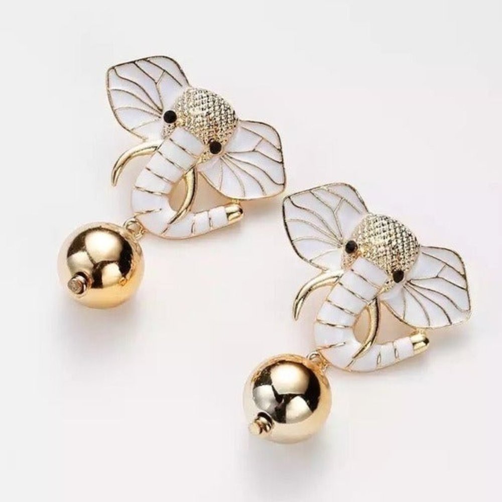 Golden Elephant earrings white dangle drop animal bohemian
